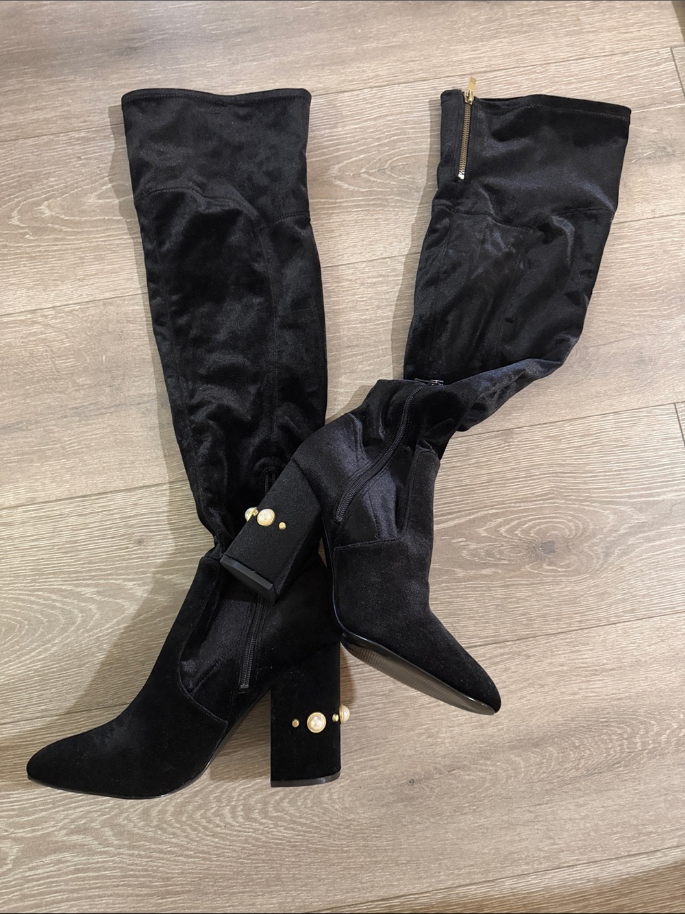Pearl heel Black Over-the-Knee Velvet Boots with Pearl Stud Heel
